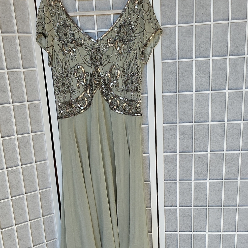 J Kara Beaded Maxi Dress in Silver and Gray